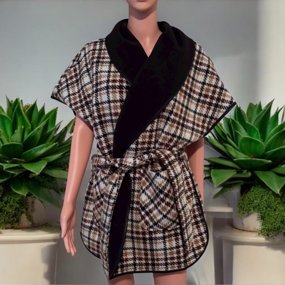 Rachel Roy Biscotti & Black Houndstooth Plaid Women's Wrap vest